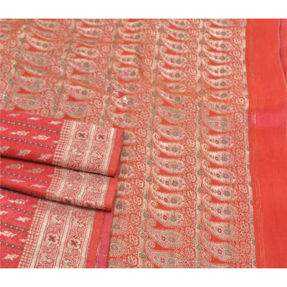 Sanskriti Vintage Heavy Sarees Pure Satin Silke Red Banarasi Tanchoi Sari Bæredygtigt stof