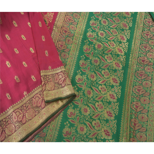 Sanskriti Vintage Saree Pink & Green Blend Silk Wedding 5 Yd Sari Banarasi/Brocade Fabric Zari Hand Woven India Textile Heritage Supplies