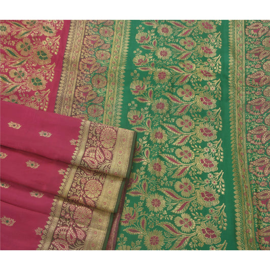 Sanskriti Vintage Saree Pink & Green Blend Silk Wedding 5 Yd Sari Banarasi/Brocade Fabric Zari Hand Woven India Textile Heritage Supplies