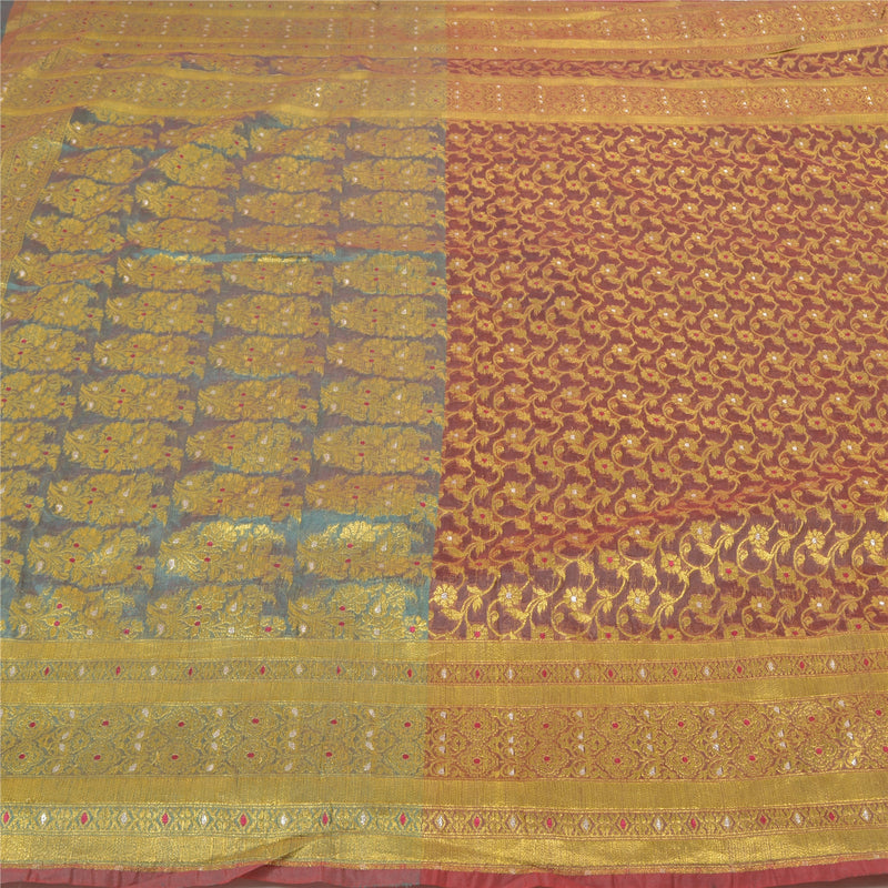 Sanskriti Vintage Sari Blend Silk Brocade Wedding Fabric Sarees Woven Purple & Green Zari 5yd Saree For Crafting, Upcycling Even Wearing