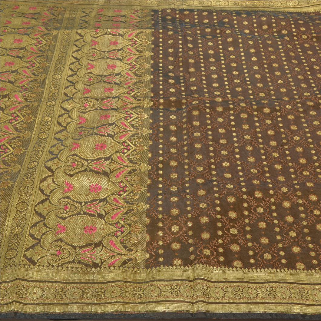 Sanskriti Vintage Heavy Brown Sarees Pure Satin Silk Woven Brocade Sari Fabric