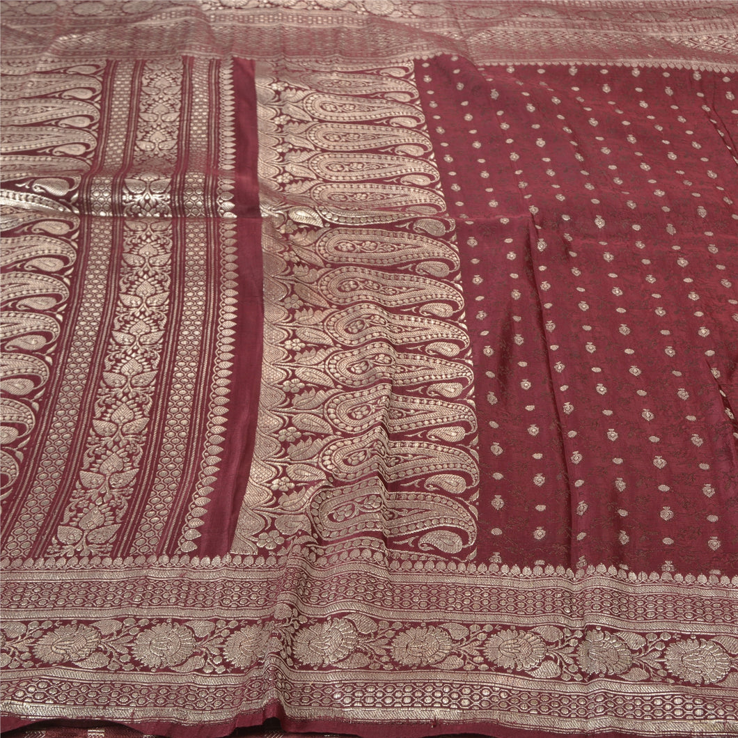 Sanskriti Vintage Heavy Brown Sarees Pure Satin Silk Woven Brocade Sari Fabric