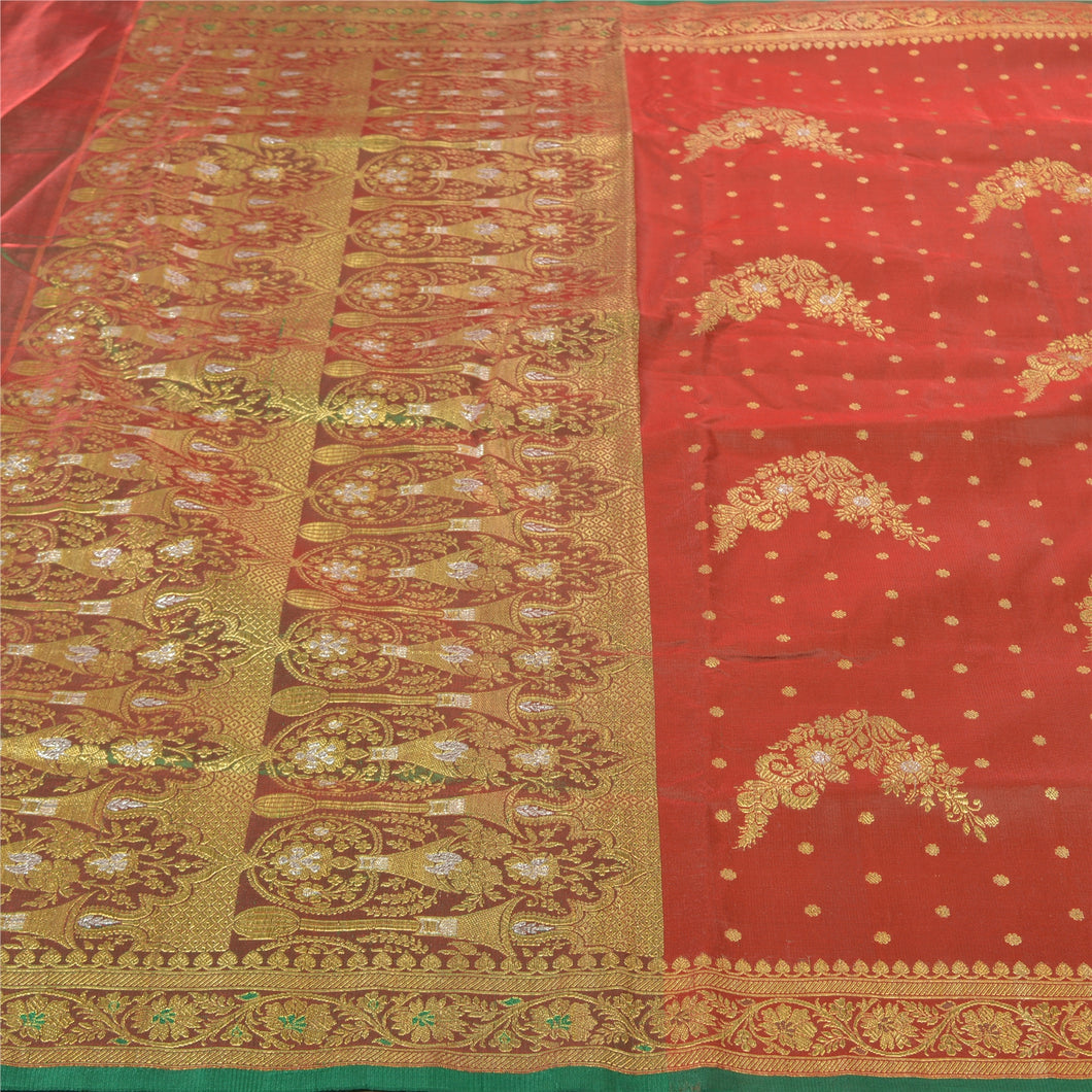 Sanskriti Vintage Heavy Brick Red Sarees Blend Silk Woven Brocade Sari Fabric