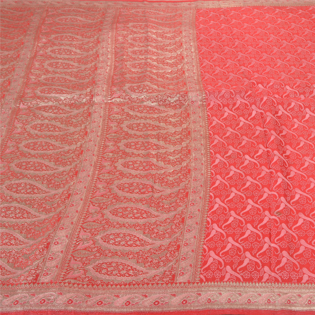 Sanskriti Vintage Heavy Red Sarees Pure Satin Silk Woven Brocade Sari Fabric