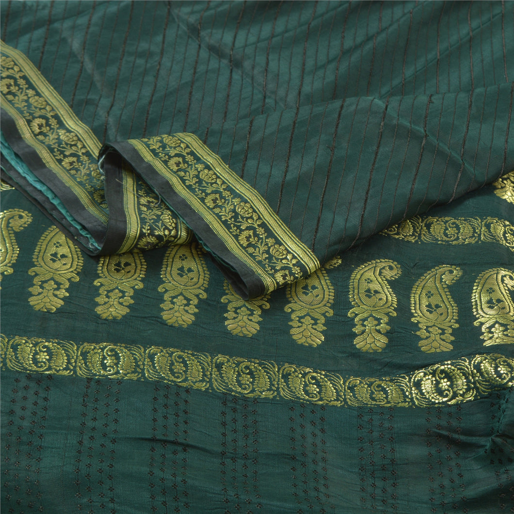 Sanskriti Vintage Green Heavy Sarees Pure Satin Silk Woven Brocade Sari Fabric