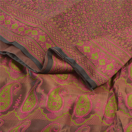 Sanskriti Vintage Heavy Brown Sarees Blend Silk Banarasi Hand-Woven Tanchoi Sari Sustainable Fabric