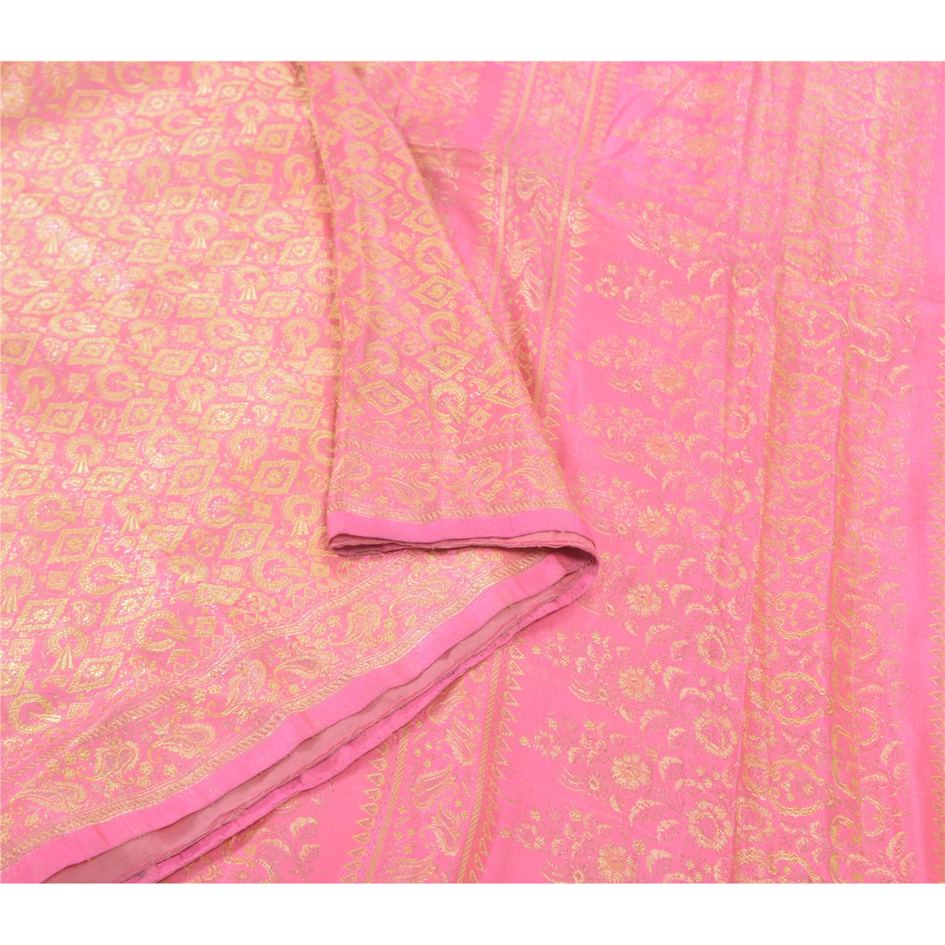 Sanskriti Vintage Heavy Pink Sarees Pure Satin Silk Woven Brocade Sari Fabric