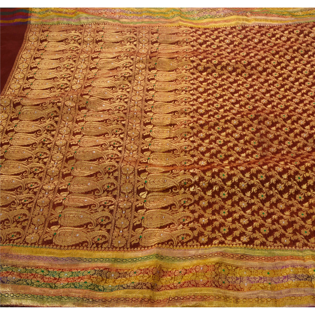 Sanskriti Vintage Brown Heavy Saree Organza Silk Banarasi Brocade Fabric Sari