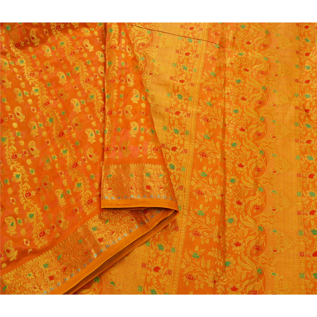 Sanskriti Vintage Orange Heavy Saree Art Silk Zari Woven Craft 5 Yd Fabric Sari