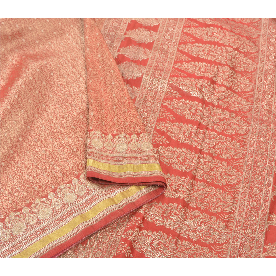 Sanskriti Vinatage Antique Red Kanjivaram Saree Handcrafted Art Silk Sari Fabric