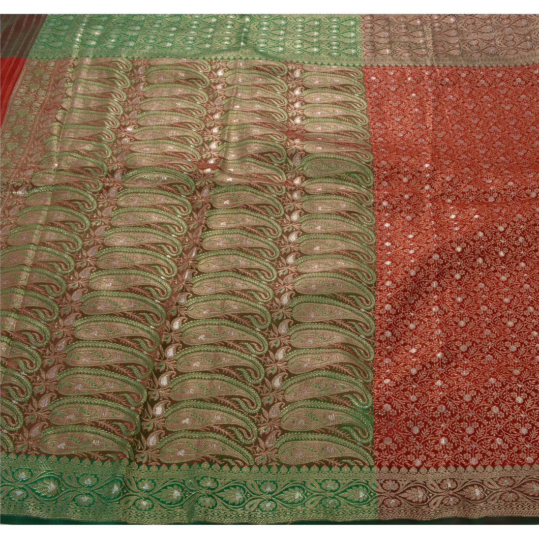 Sanskriti Vintage Red Heavy Saree Blend Silk Banarasi Brocade Fabric Sari