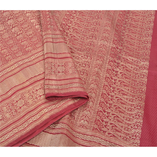 Sanskriti Vintage Heavy Pink Sarees Blend Silk Woven Brocade Sari 5 Yard Sustainable Fabric