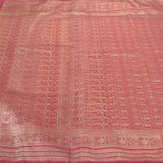 Sanskriti Vintage Heavy Pink Sarees Blend Silk Woven Brocade Sari 5 Yard Sustainable Fabric