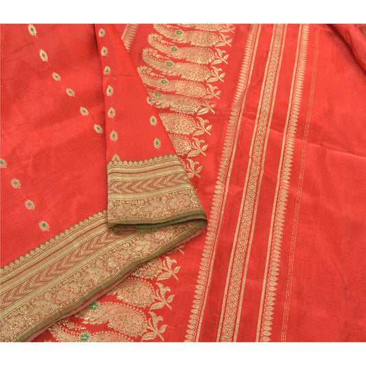 Sanskriti Vintage Heavy Red Sarees Art Silk Woven Brocade Sari 5 Yard Sustainable Fabric
