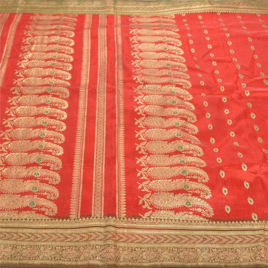Sanskriti Vintage Heavy Red Sarees Art Silk Woven Brocade Sari 5 Yard Sustainable Fabric