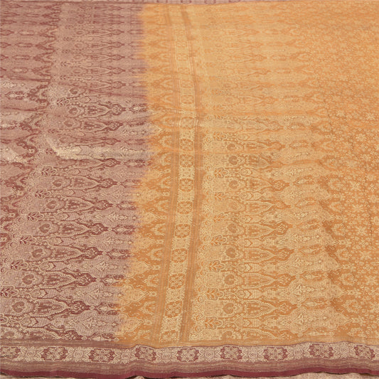 Sanskriti Vintage Saffron Heavy Saree Pure Satin Silk Banarasi Woven Tanchoi Sari Sustainable Fabric