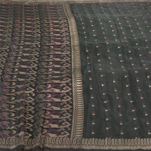 Sanskriti Vintage Heavy Black Sarees Pure Satin Silk Woven Banarasi Sari Sustainable Fabric