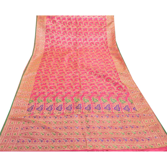 Sanskriti Vintage Heavy Pink Wedding Sarees Art Silk Banarasi Brocade Woven Sari 5 Yard Sustainable Fabric