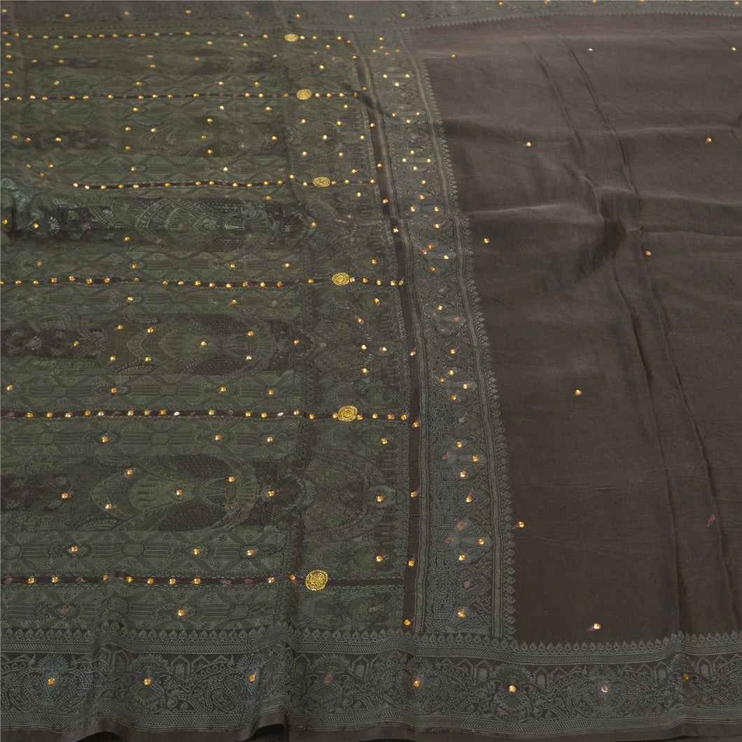 Sanskriti Vintage Black Heavy Sarees Pure Satin Silk Woven Beaded Sari Fabric