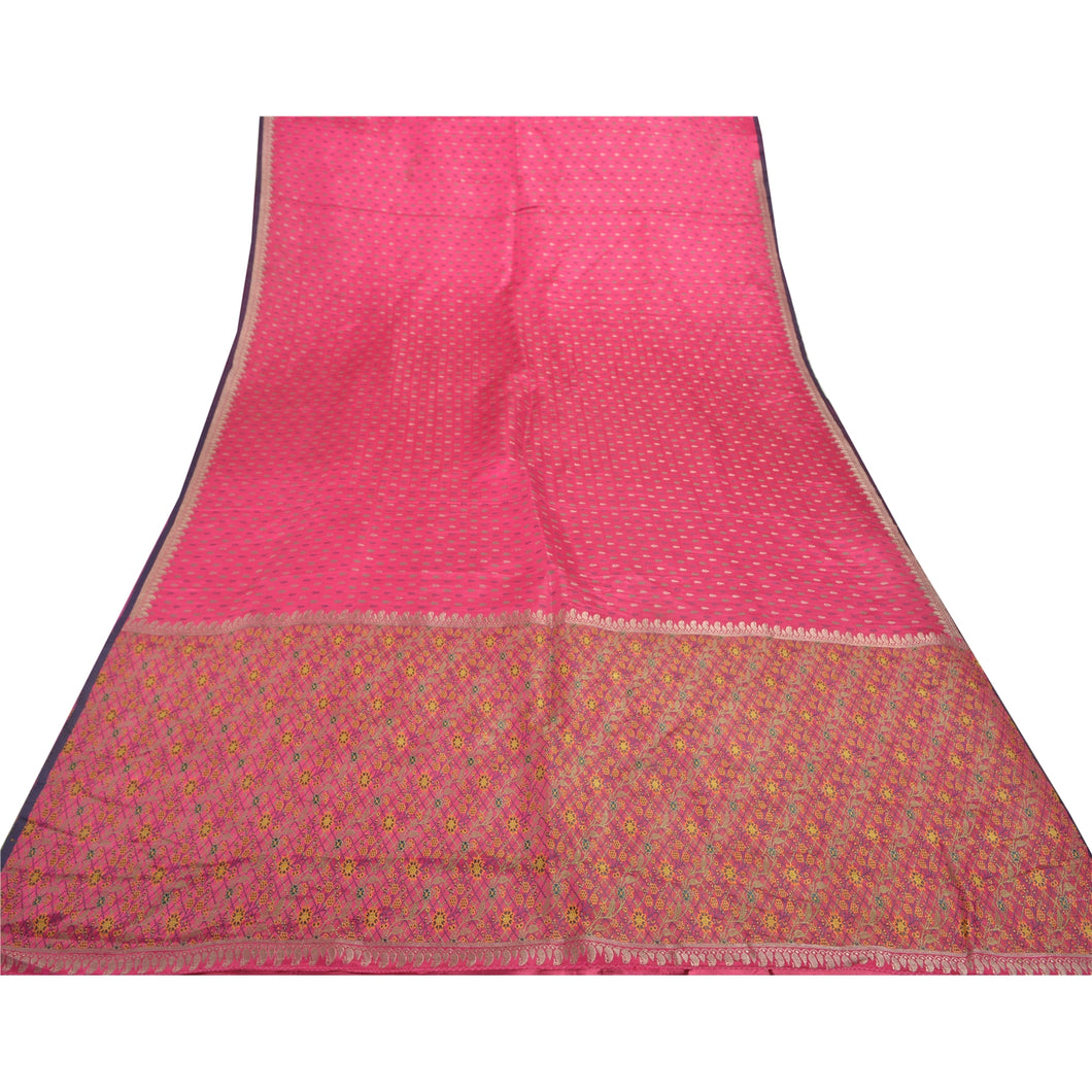 Sanskriti Vintage Pink Heavy Sarees Pure Satin Silk Woven Brocade Sari Fabric