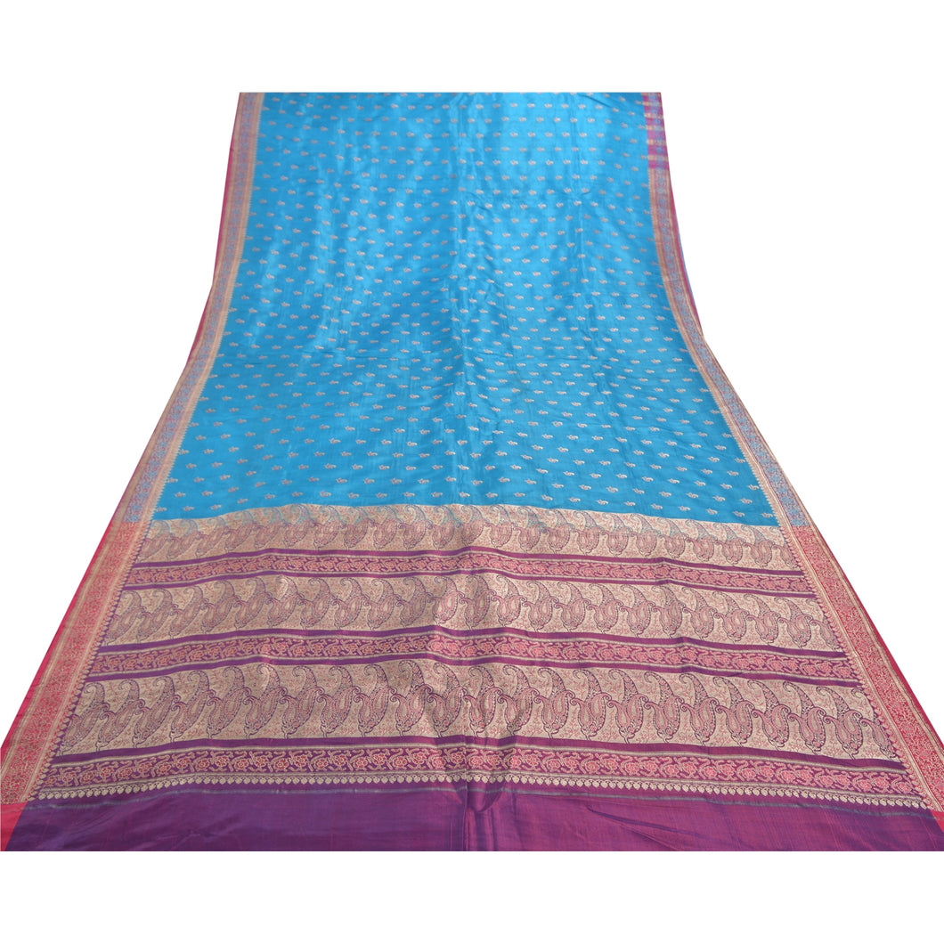 Sanskriti Vintage Blue Heavy Sarees Pure Satin Silk Woven Brocade Sari Fabric