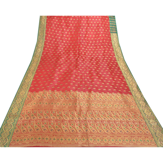 Sanskriti Vintage Red Heavy Sarees Pure Satin Silk Woven Brocade Sari Sustainable Fabric