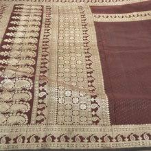 Load image into Gallery viewer, Sanskriti Vintage Brown Heavy Sarees Pure Satin Silk Brocade Zari Sari Fabric

