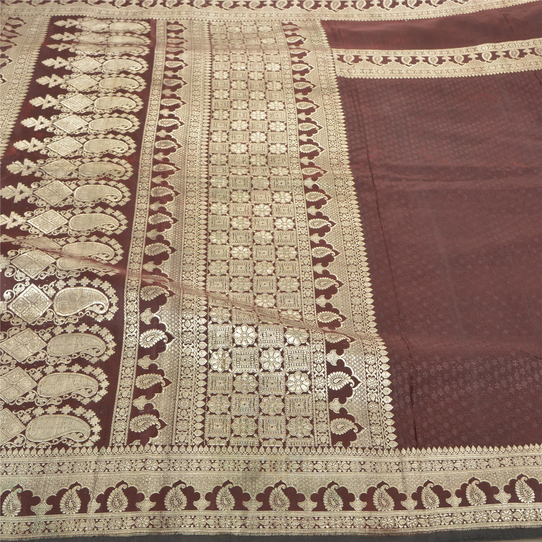 Sanskriti Vintage Brown Heavy Sarees Pure Satin Silk Brocade Zari Sari Fabric