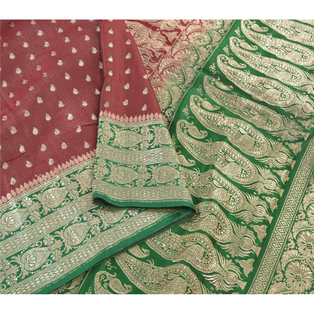 Sanskriti Vintage Sari 5YD 100% Pure Satin Silk Dark Red & Green Wedding Saree Zari Hand Woven Brocade Banarasi Of India 5yd Saree Quilting , DIY Projects