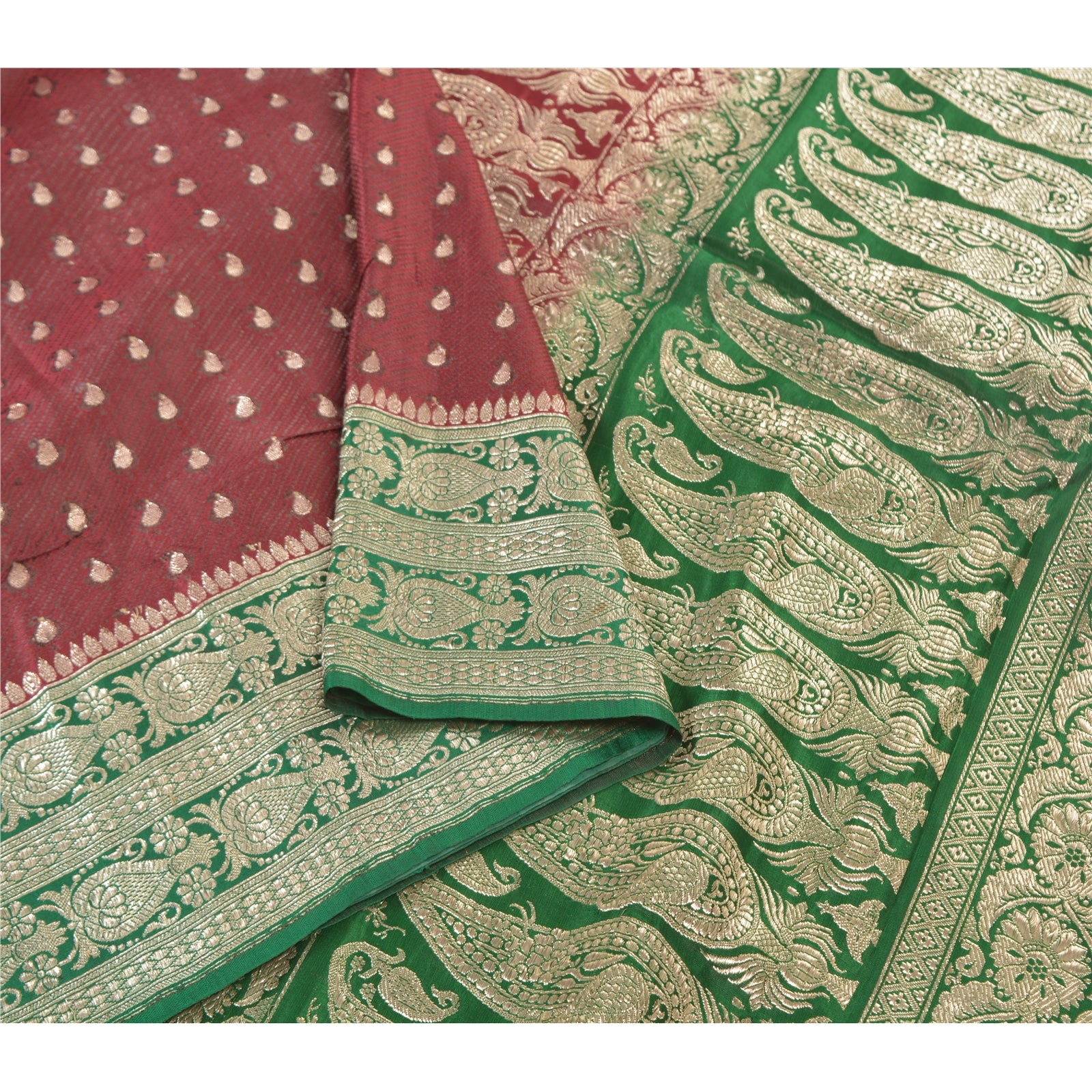 Sanskriti Vintage Sari 5YD 100% Pure Satin Silk Dark Red & Green Wedding Saree Zari Hand Woven Brocade Banarasi Of India 5yd Saree Quilting , DIY Projects