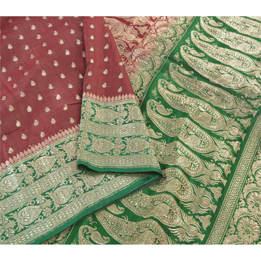 Sanskriti Vintage Dark Red Heavy Sarees Pure Satin Silk Banarasi Brocade Zari Woven Sari Sustainable Fabric