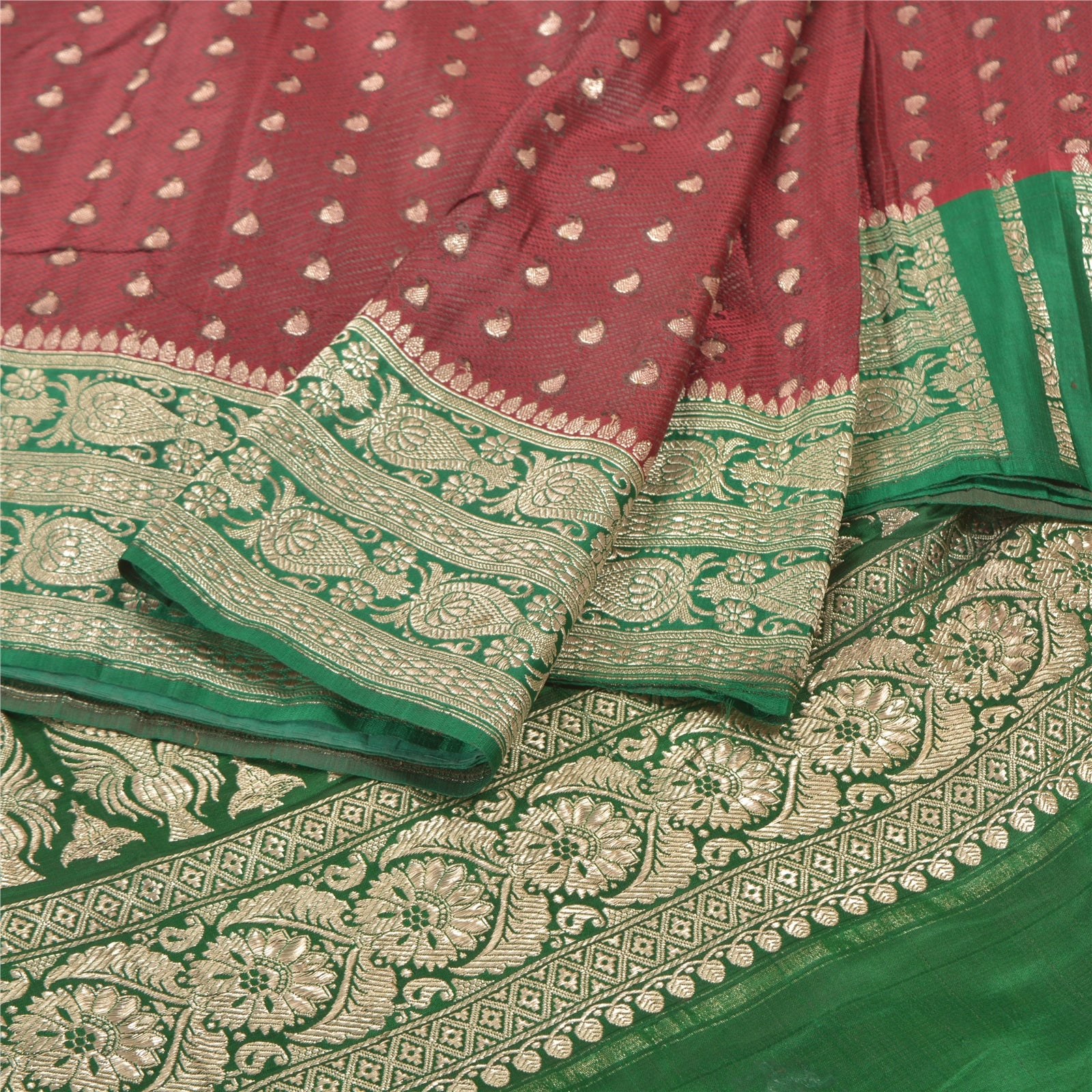 Sanskriti Vintage Sari 5YD 100% Pure Satin Silk Dark Red & Green Wedding Saree Zari Hand Woven Brocade Banarasi Of India 5yd Saree Quilting , DIY Projects