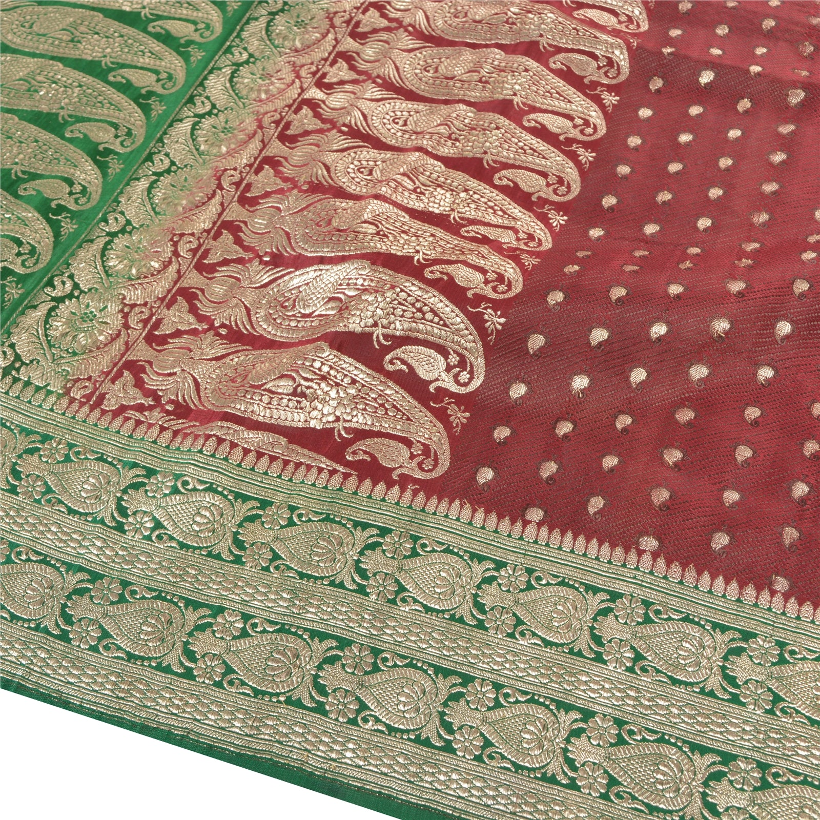Sanskriti Vintage Sari 5YD 100% Pure Satin Silk Dark Red & Green Wedding Saree Zari Hand Woven Brocade Banarasi Of India 5yd Saree Quilting , DIY Projects