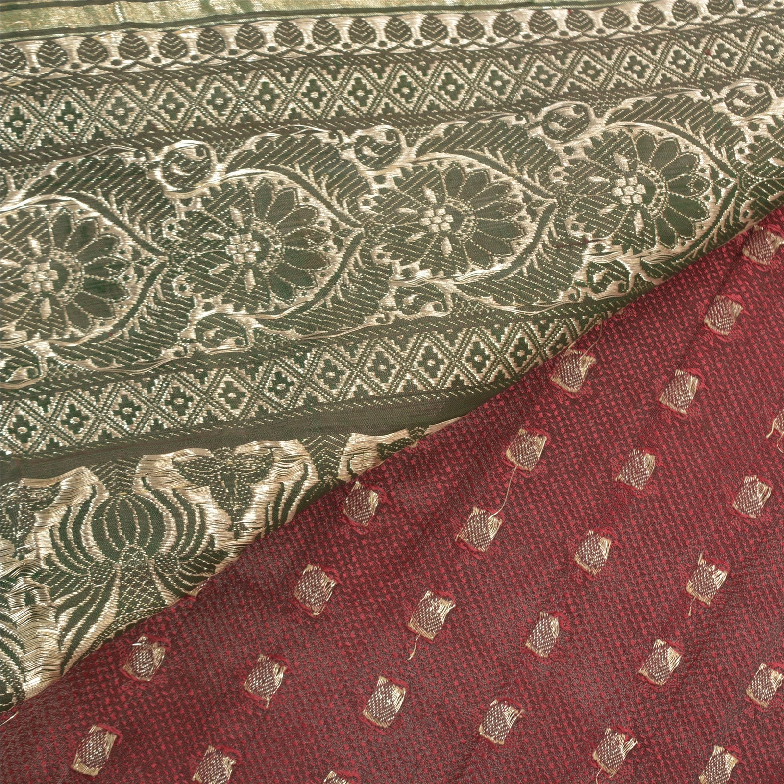 Sanskriti Vintage Sari 5YD 100% Pure Satin Silk Dark Red & Green Wedding Saree Zari Hand Woven Brocade Banarasi Of India 5yd Saree Quilting , DIY Projects