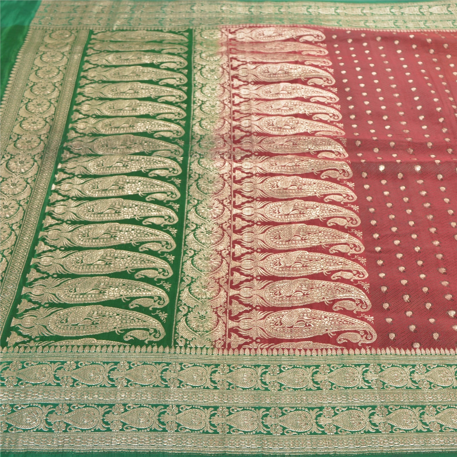 Sanskriti Vintage Sari 5YD 100% Pure Satin Silk Dark Red & Green Wedding Saree Zari Hand Woven Brocade Banarasi Of India 5yd Saree Quilting , DIY Projects