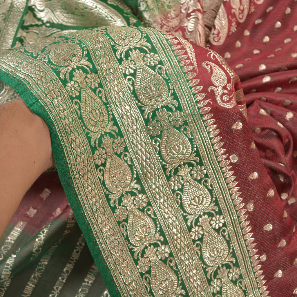 Sanskriti Vintage Sari 5YD 100% Pure Satin Silk Dark Red & Green Wedding Saree Zari Hand Woven Brocade Banarasi Of India 5yd Saree Quilting , DIY Projects