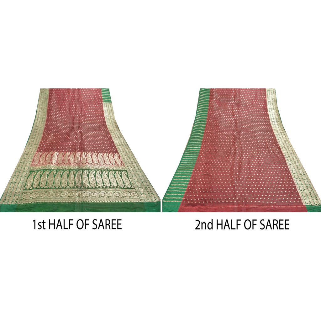 Sanskriti Vintage Sari 5YD 100% Pure Satin Silk Dark Red & Green Wedding Saree Zari Hand Woven Brocade Banarasi Of India 5yd Saree Quilting , DIY Projects