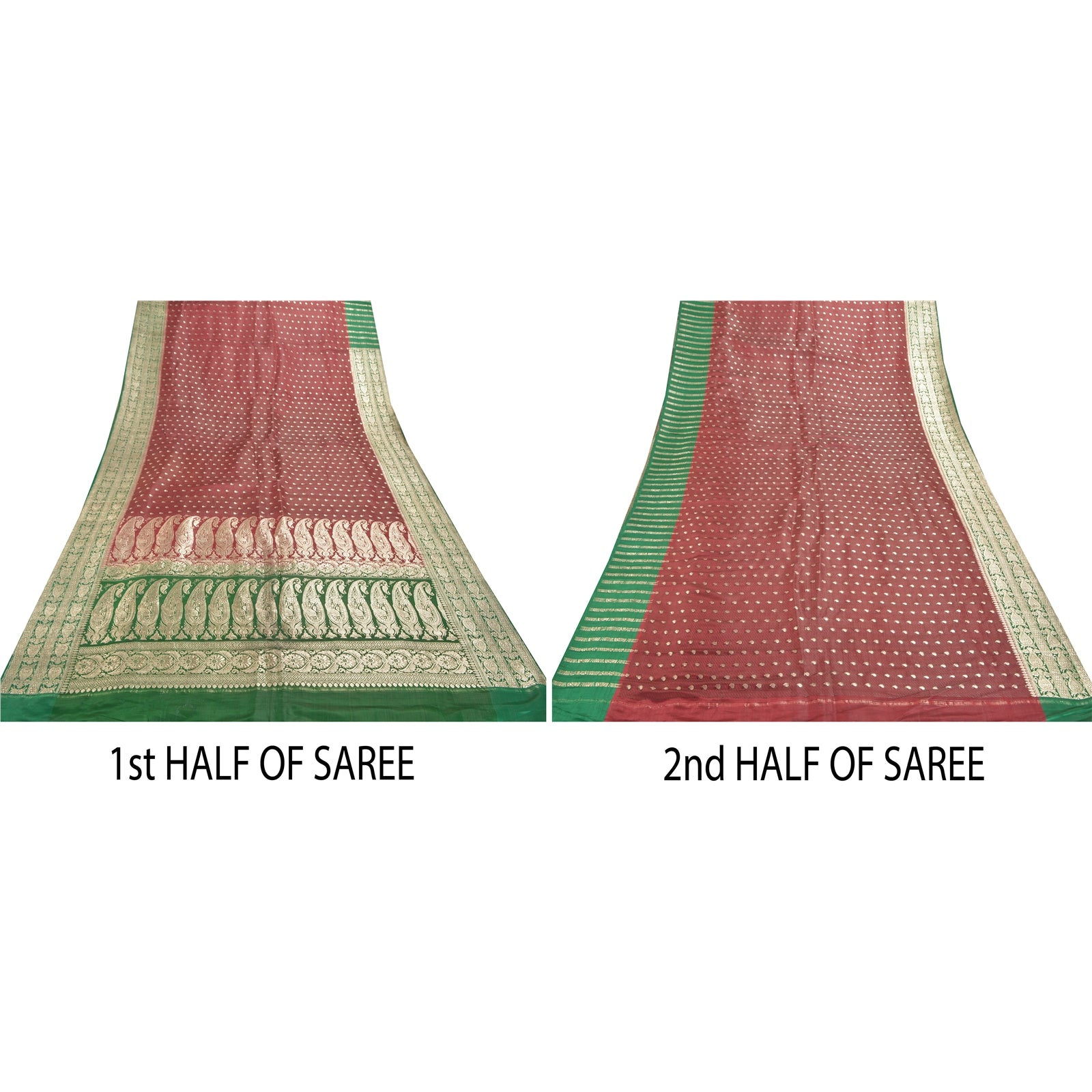 Sanskriti Vintage Sari 5YD 100% Pure Satin Silk Dark Red & Green Wedding Saree Zari Hand Woven Brocade Banarasi Of India 5yd Saree Quilting , DIY Projects