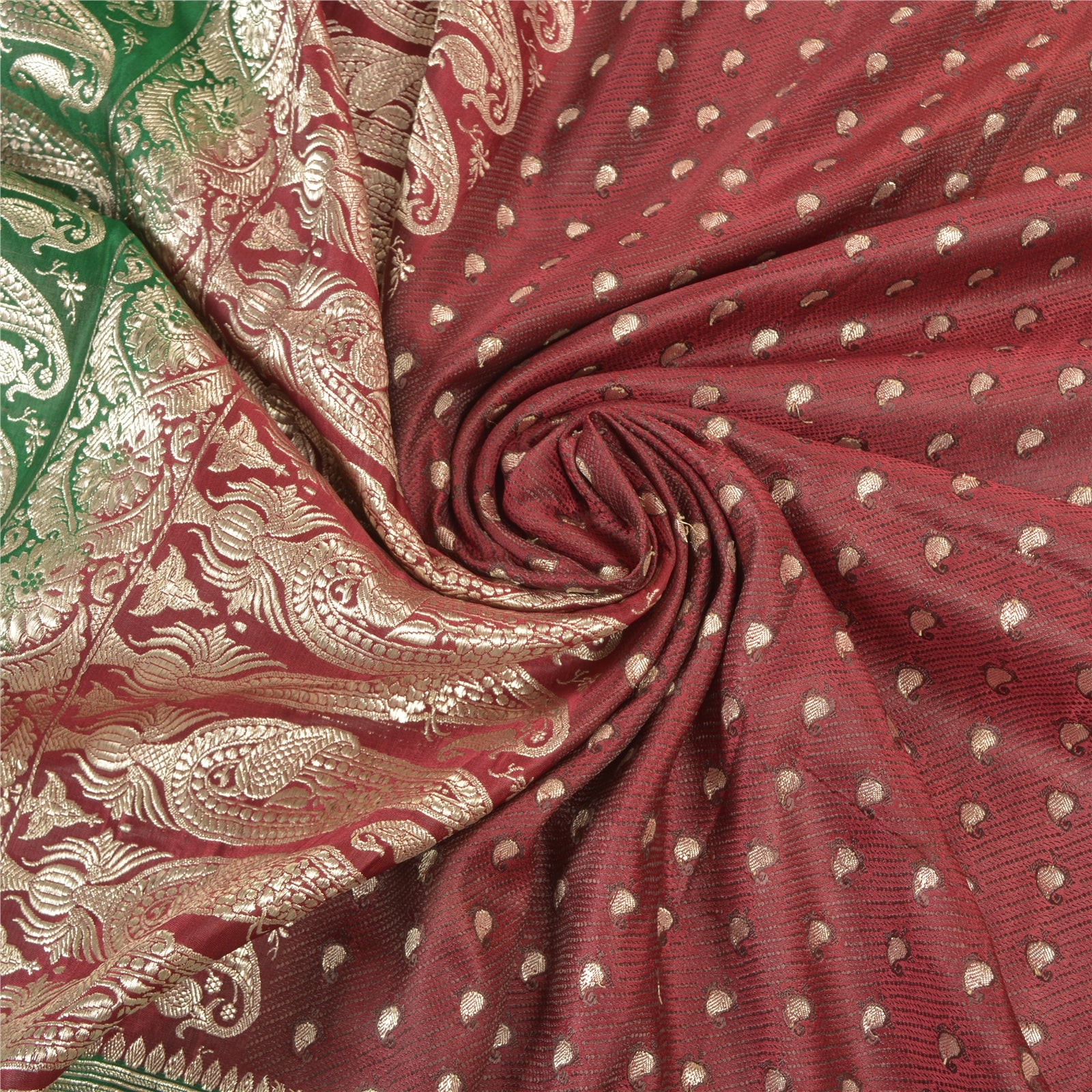 Sanskriti Vintage Sari 5YD 100% Pure Satin Silk Dark Red & Green Wedding Saree Zari Hand Woven Brocade Banarasi Of India 5yd Saree Quilting , DIY Projects