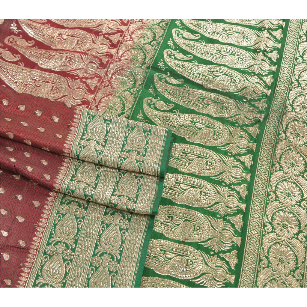 Sanskriti Vintage Sari 5YD 100% Pure Satin Silk Dark Red & Green Wedding Saree Zari Hand Woven Brocade Banarasi Of India 5yd Saree Quilting , DIY Projects