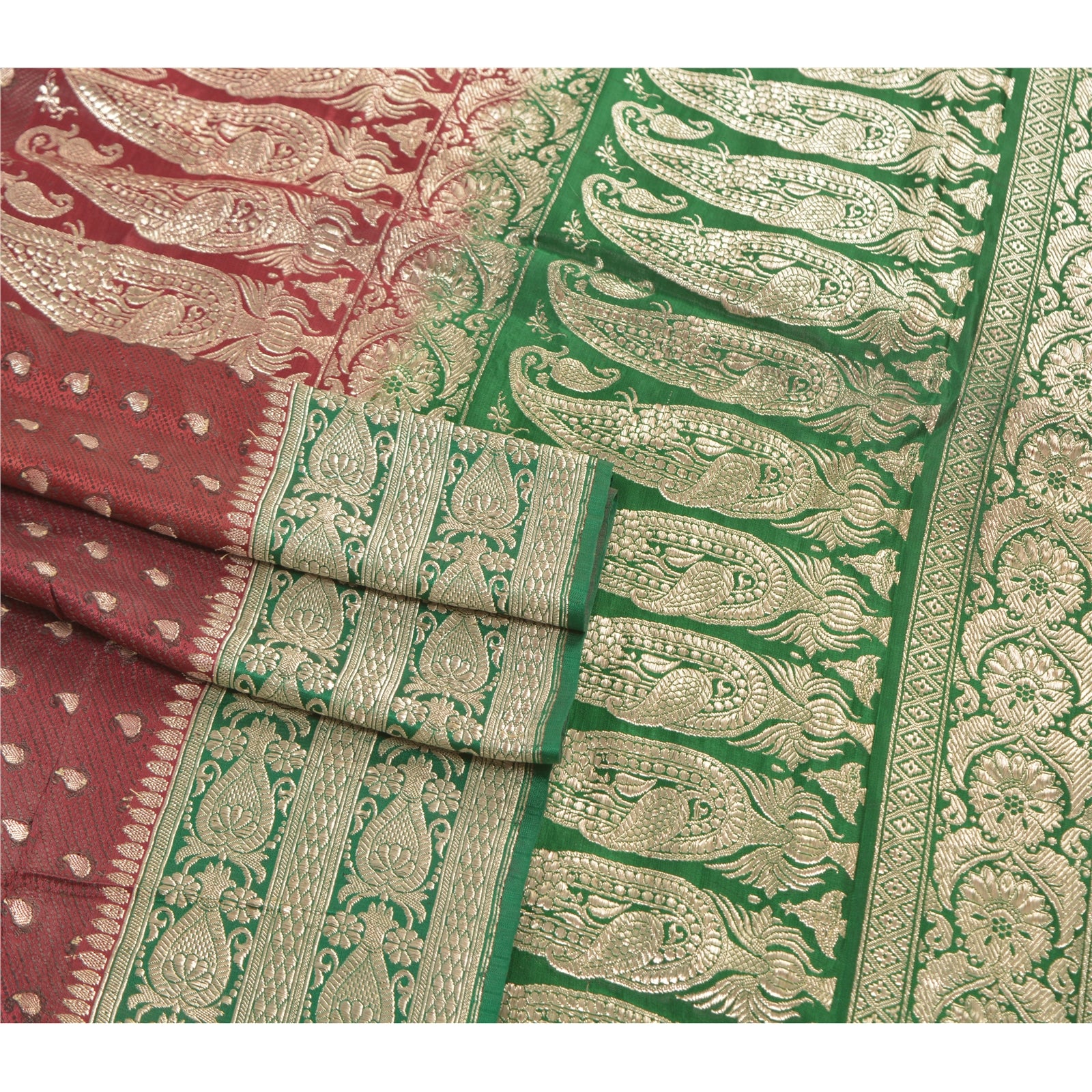 Sanskriti Vintage Sari 5YD 100% Pure Satin Silk Dark Red & Green Wedding Saree Zari Hand Woven Brocade Banarasi Of India 5yd Saree Quilting , DIY Projects