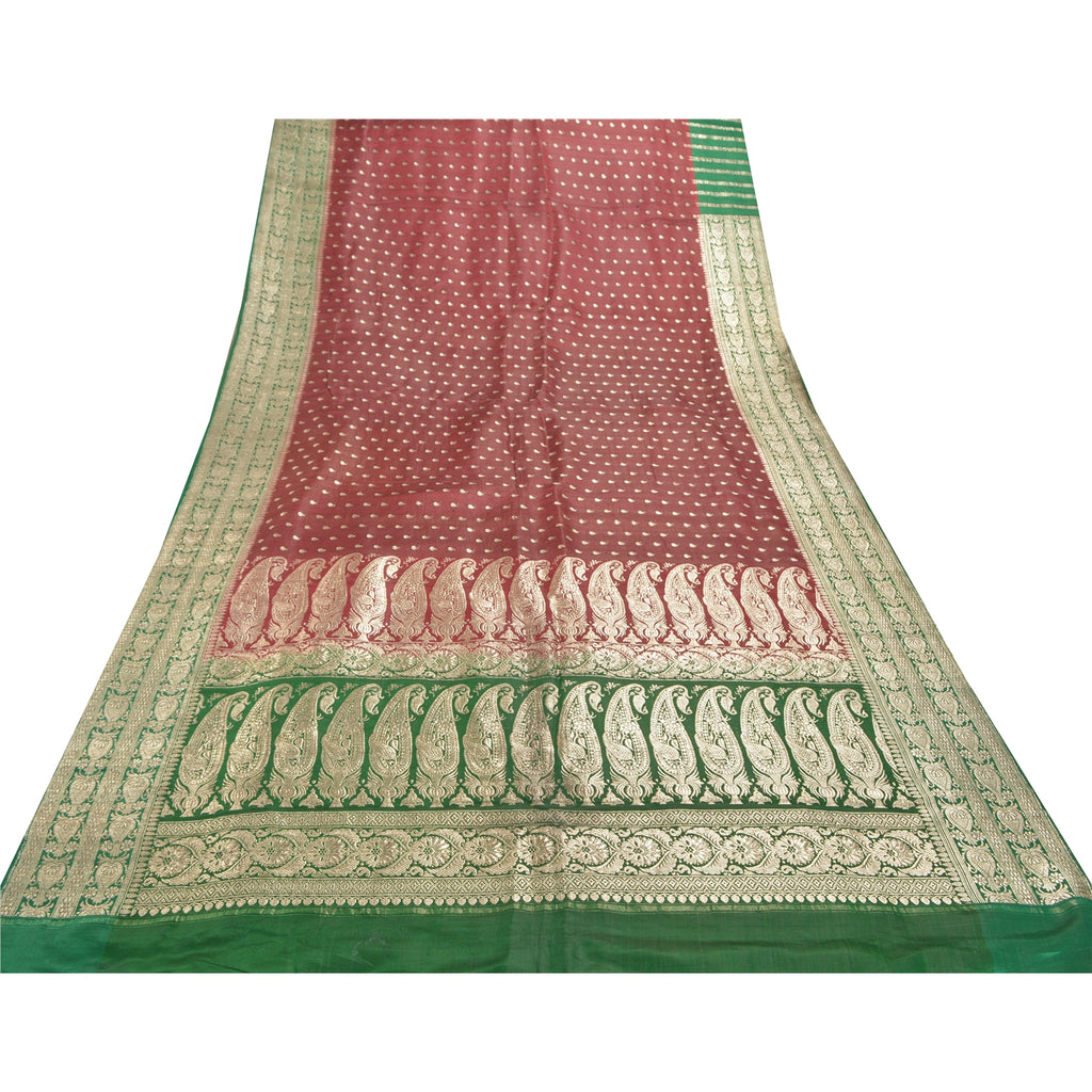 Sanskriti Vintage Sari 5YD 100% Pure Satin Silk Dark Red & Green Wedding Saree Zari Hand Woven Brocade Banarasi Of India 5yd Saree Quilting , DIY Projects