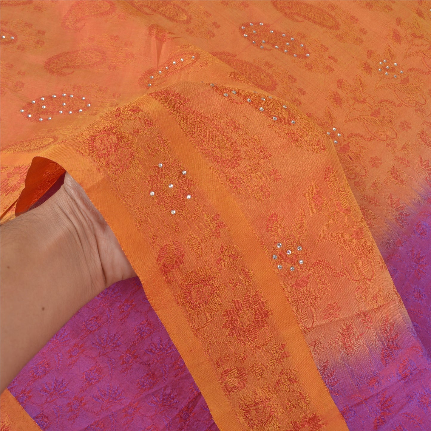 Sanskriti Vintage Purple Heavy Sarees Pure Silk Hand Beaded & Banarasi Woven Sari Sustainable Fabric