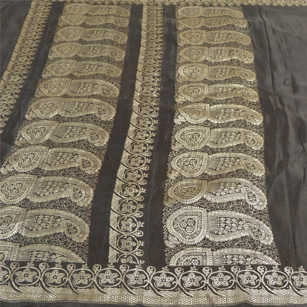 Sanskriti Vintage Black Heavy Sarees Pure Satin Silk Woven Brocade Sari Fabric