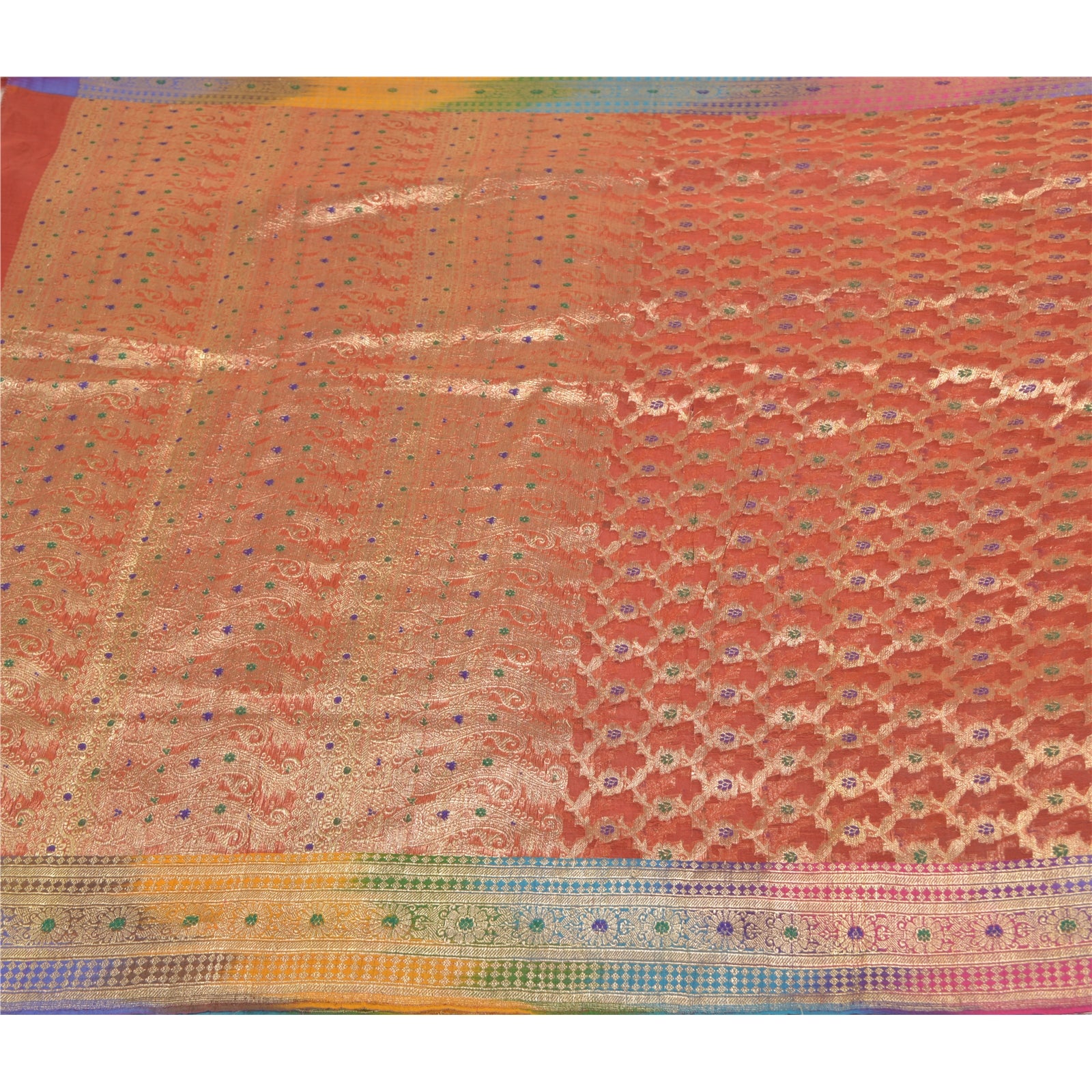 Sanskriti Vintage Saree 100% Pure Organza Silk Red Sarees Zari Hand Wedding Woven Brocade Banarasi Sari 5YD Craft Fabric Home Decor Women Outfit