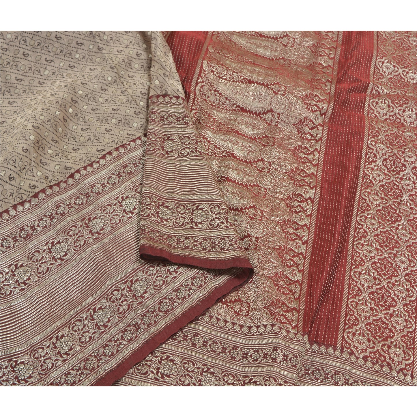Sanskriti Vintage Dark Red Saree Pure Satin Silk Banarasi/Brocade Sari Sustainable Fabric