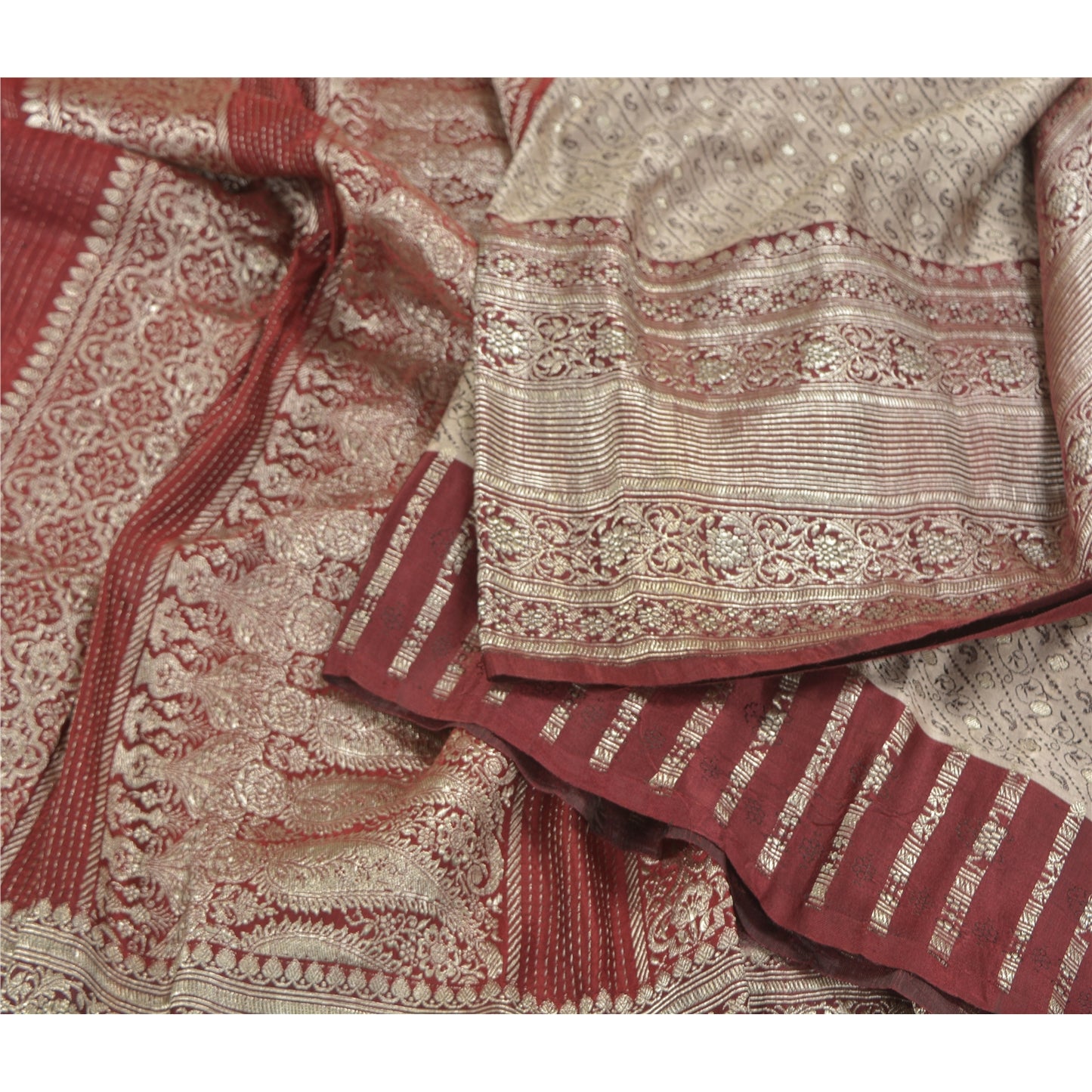 Sanskriti Vintage Dark Red Saree Pure Satin Silk Banarasi/Brocade Sari Sustainable Fabric