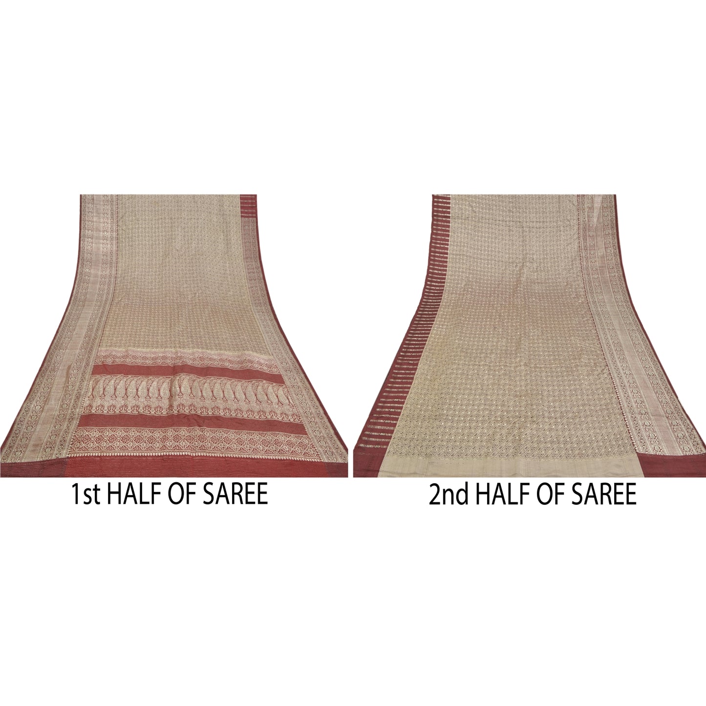 Sanskriti Vintage Dark Red Saree Pure Satin Silk Banarasi/Brocade Sari Sustainable Fabric