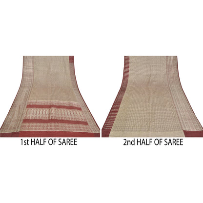 Sanskriti Vintage Dark Red Saree Pure Satin Silk Banarasi/Brocade Sari Sustainable Fabric