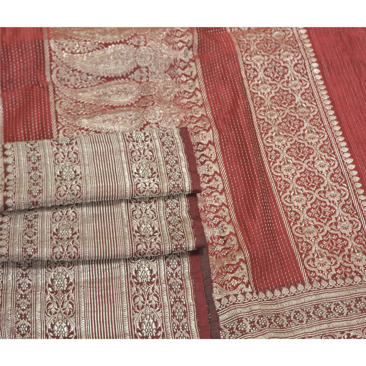 Sanskriti Vintage Dark Red Saree Pure Satin Silk Banarasi/Brocade Sari Sustainable Fabric